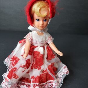 Vintage Hong Kong Mini Traveling Doll 6" Full Red Lace Dress with Bonnet & Shoes
